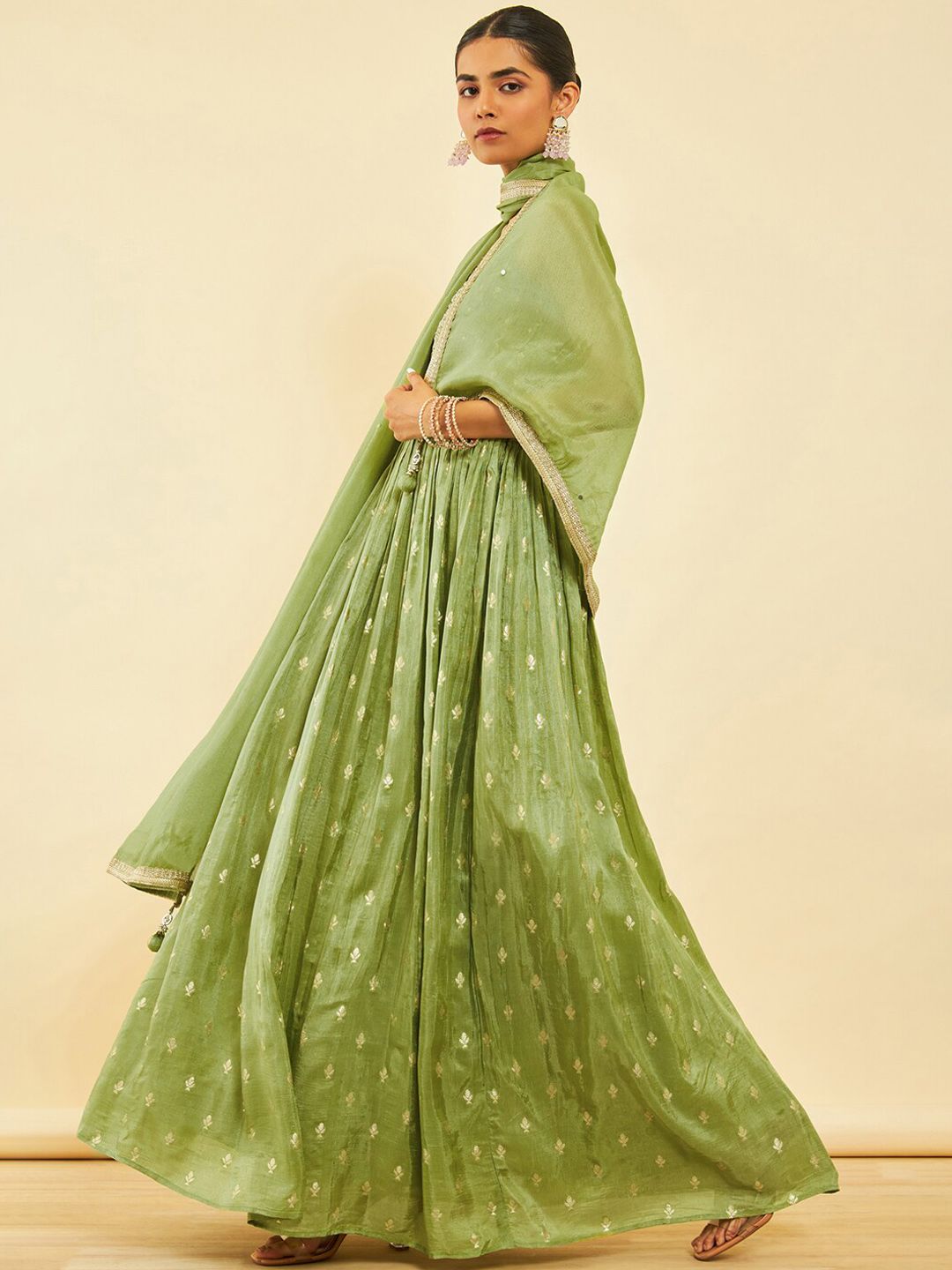 Dhiyona SO Women's Green Ethnic Motifs Embroidered Mirror Work Anarkali Kurta with Churidar & Dupatta