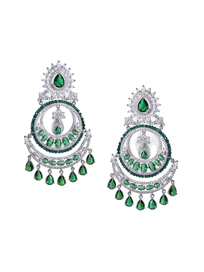 Dhiyona RJ Women's Premium Rhodium Plated AAA Cubic Zirconia & Emerald Studded Chandelier Earrings