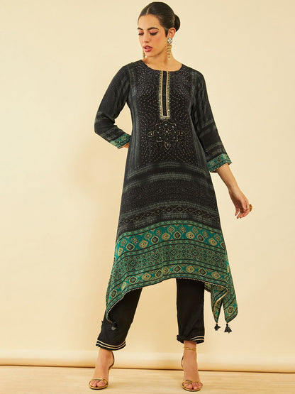 Dhiyona SO Women's Floral Printed Round Neck Three-Quarter Sleeves Zardozi Kurta Set