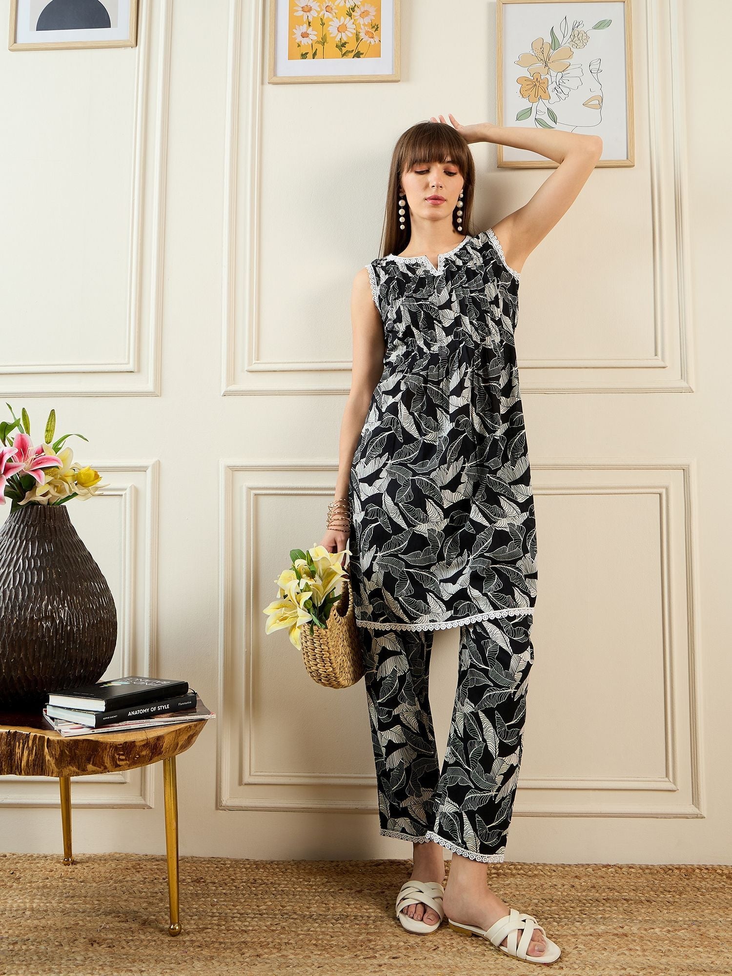 Dhiyona IE Floral Printed Notch Neck Pure Cotton A-Line Kurta With Trouser