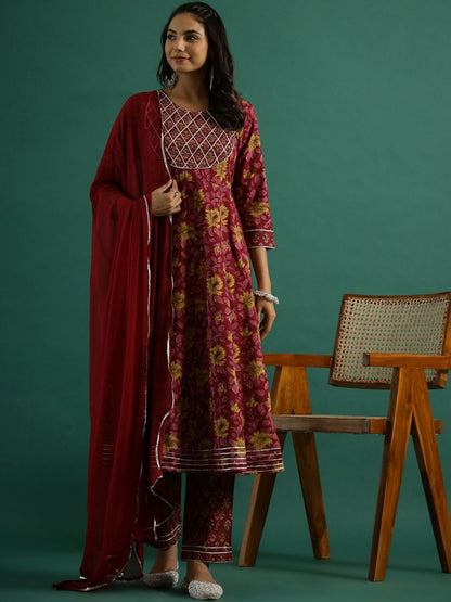 Dhiyona SN Women's Floral Printed Gotta Patti Pure Cotton Anarkali Kurta & Trousers With Dupatta