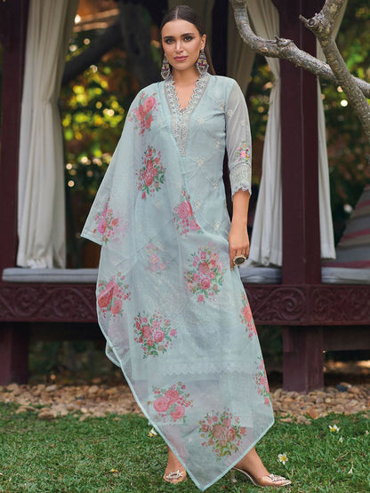 Women Floral Embroidered Regular Thread Work Kurta with Trousers & With Dupatta
