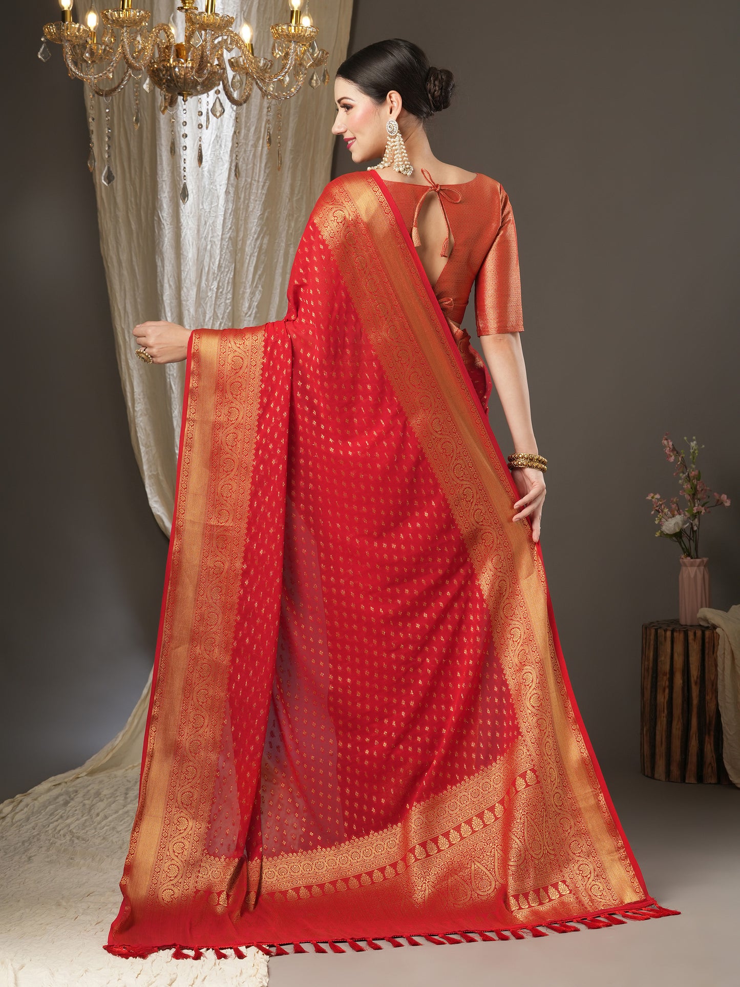 Women's Georgette Red Woven Design Designer Saree With Blouse Piece