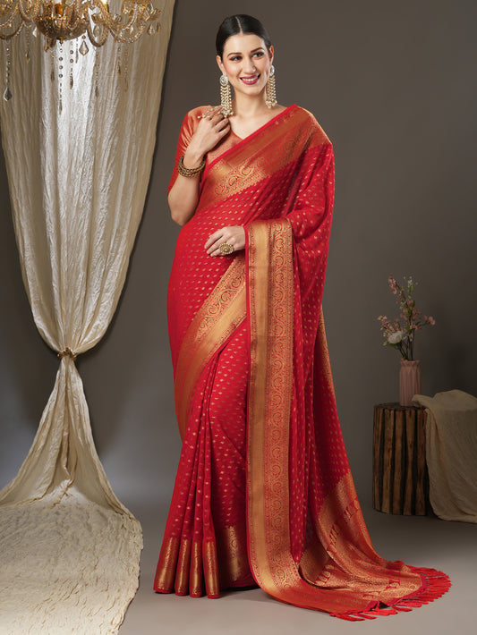 Women's Georgette Red Woven Design Designer Saree With Blouse Piece