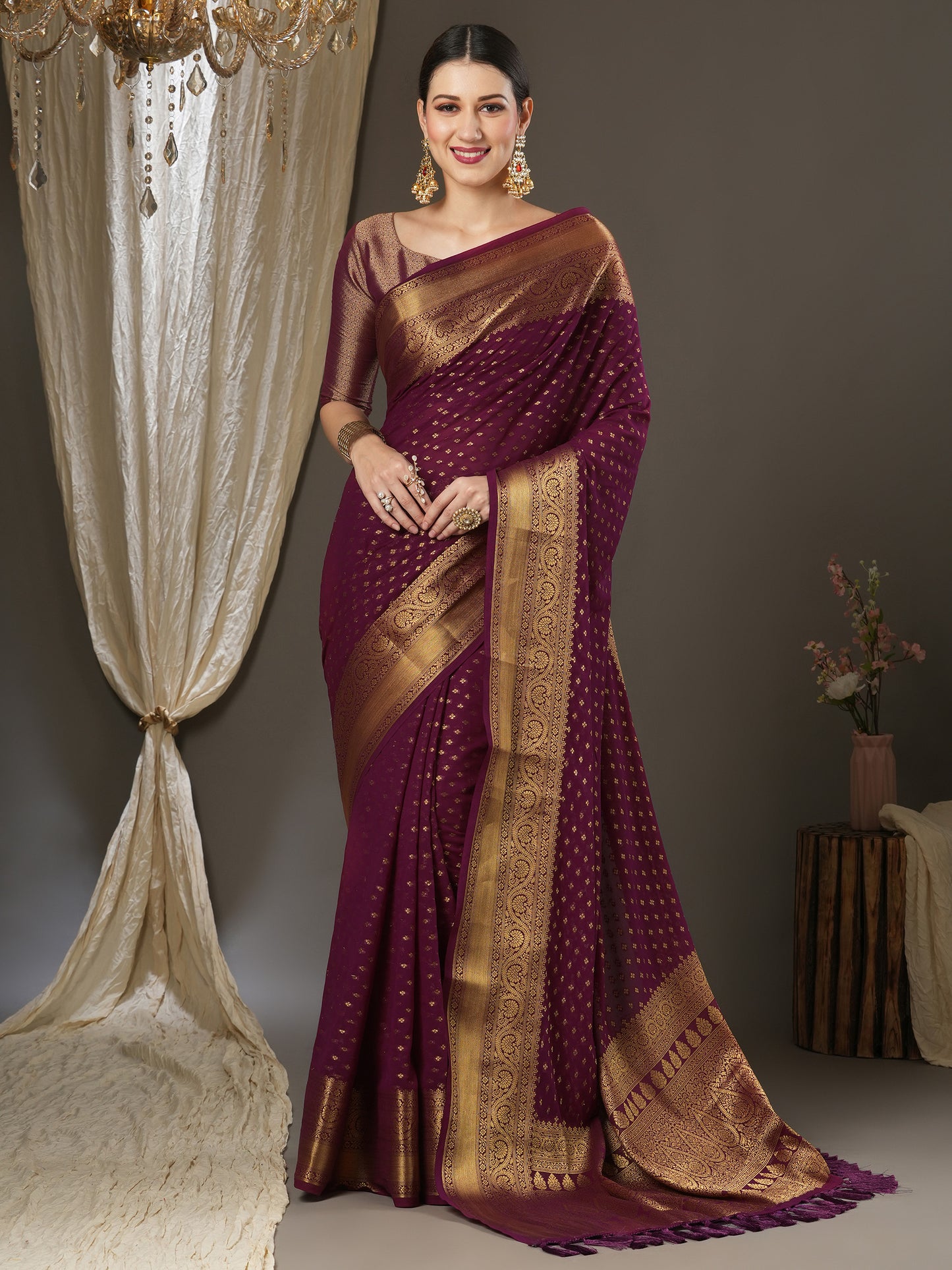 Women's Georgette Burgundy Woven Design Designer Saree With Blouse Piece