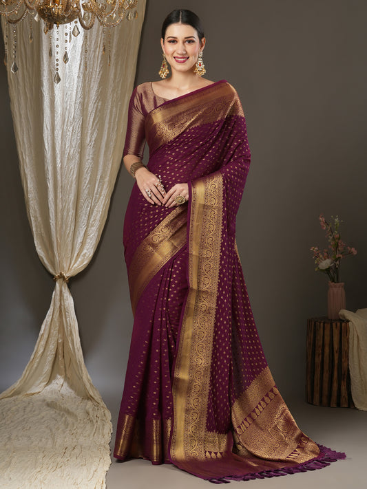 Women's Georgette Burgundy Woven Design Designer Saree With Blouse Piece