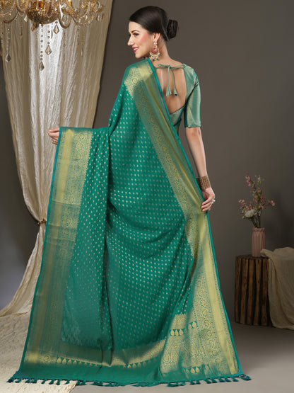 Women's Georgette Teal blue Woven Design Designer Saree With Blouse Piece
