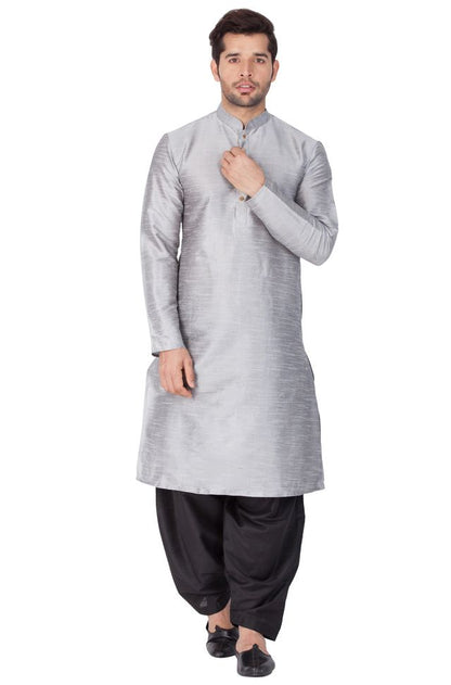 Men's Grey Silk Blend Straight Kurta and Dhoti Set