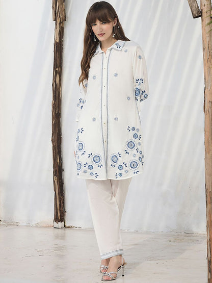 Floral Embroidered Thread Work Pure Cotton Kurta With Trousers