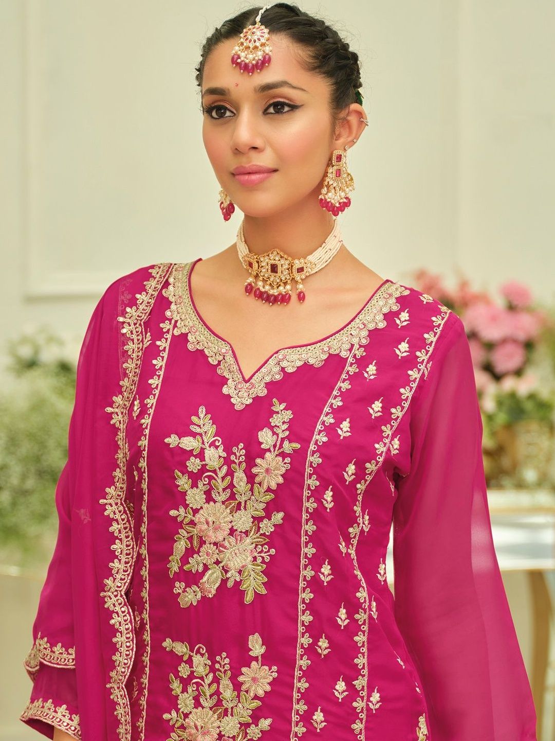 Ethnic Motifs Embroidered Thread Work Kurta With Patiala & Dupatta