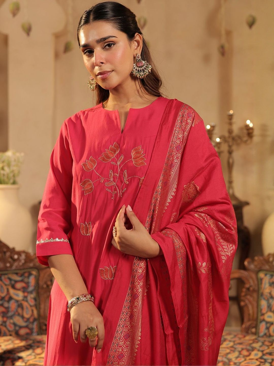 Floral Embroidered Notch Neck Panelled A-Line Kurta & Trousers With Dupatta