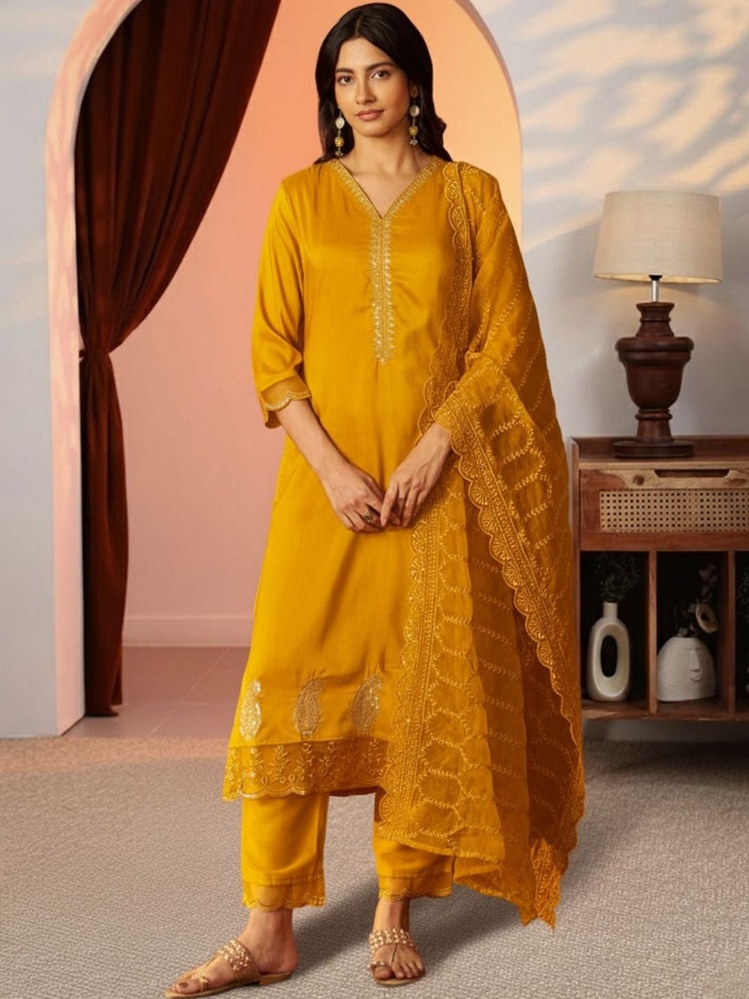 Dhiyona IE Women Ethnic Motifs Embroidered Regular Thread Work Kurta with Trousers & With Dupatta