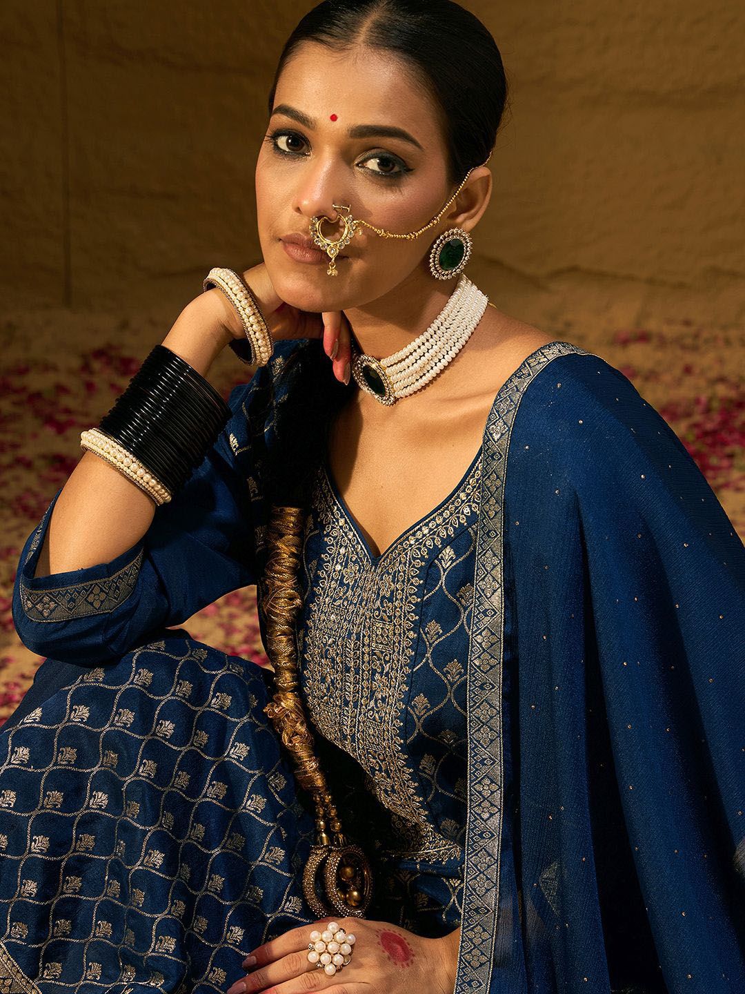 Ethnic Motifs Embroidered V-Neck Jacquard Straight Kurta With Trousers & Dupatta