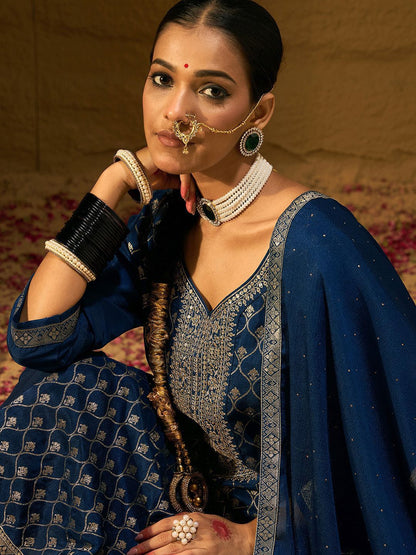 Ethnic Motifs Embroidered V-Neck Jacquard Straight Kurta With Trousers & Dupatta