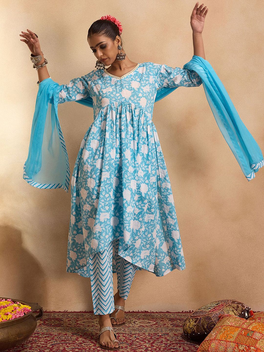 Dhiyona IE Floral Printed Empire Mirror Work Pure Cotton Kurta with Trousers & With Dupatta