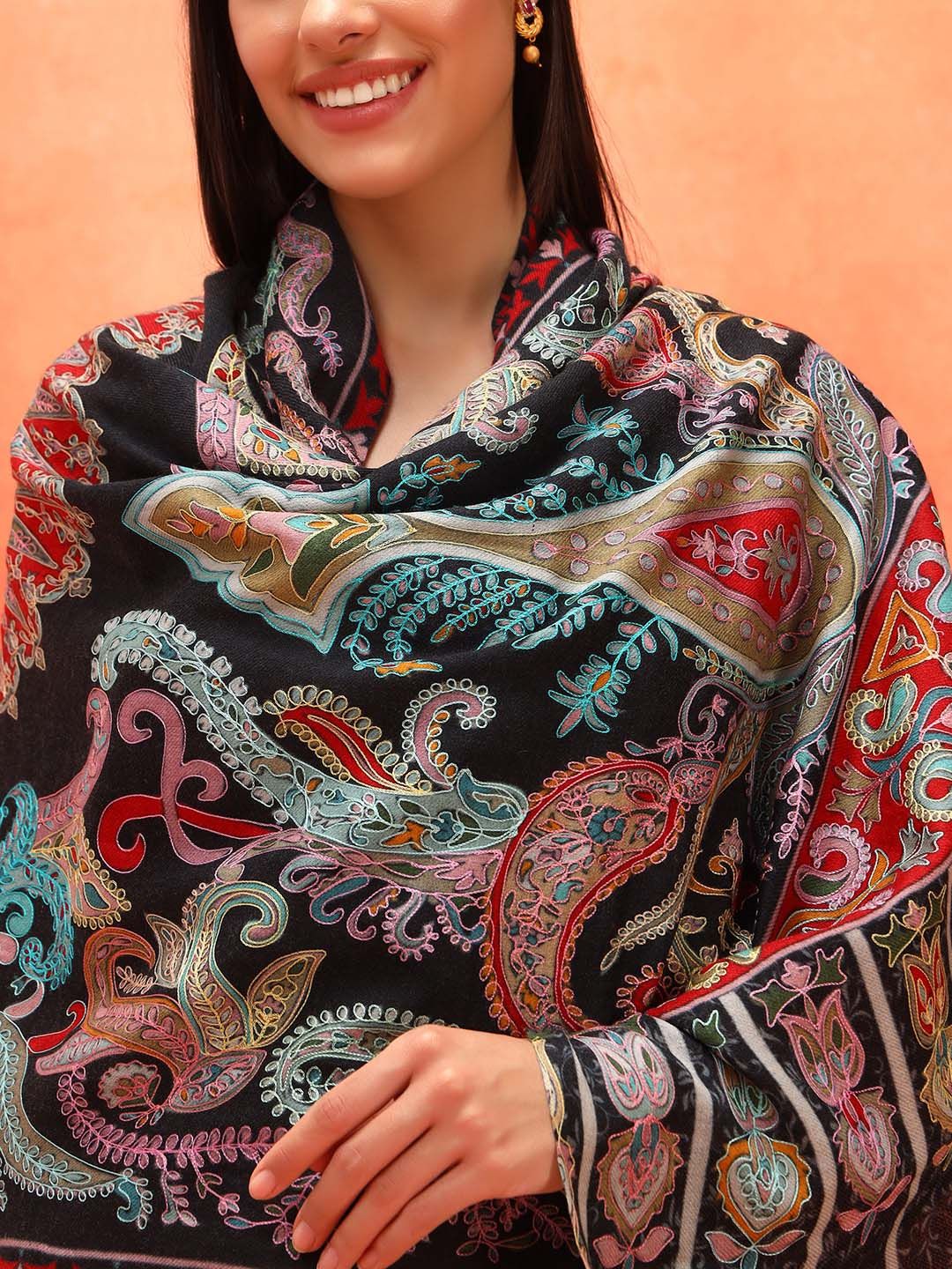 Dhiyona PA Ethnic Motifs Embroidered Woolen Shawl