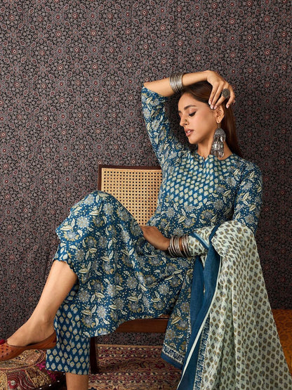 Women Ethnic Motifs Printed Regular Pure Cotton Kurta with Trousers & With Dupatta