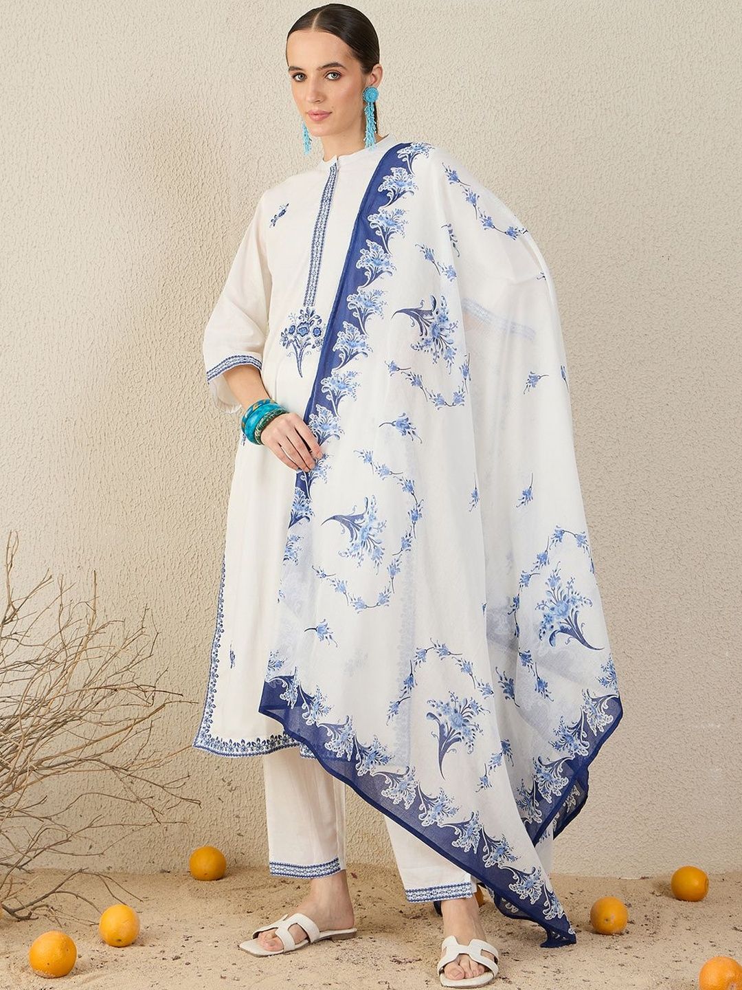 Dhiyona IE Floral Embroidered Thread Work Pure Cotton Straight Kurta & Trouser With Dupatta