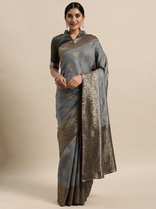 Women's Silk Blend Grey Woven Design Designer Saree With Blouse Piece