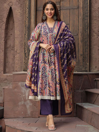 Dhiyona RR Women's Paisley Printed Thread Work Pure Cotton Kurta with Trousers & Dupatta