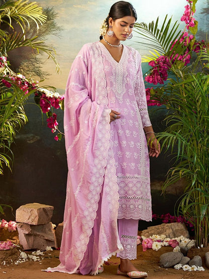 Women Ethnic Motifs Embroidered Cotton Kurta with Trousers & Dupatta