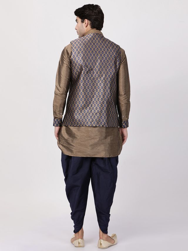 Men's Navy Blue Silk Blend Straight Jacket  Kurta and Dhoti Set