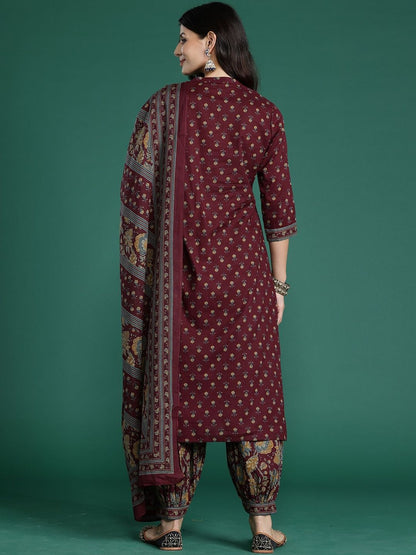 Ethnic Motifs Printed Straight Pure Cotton Kurta With Patiala & Dupatta