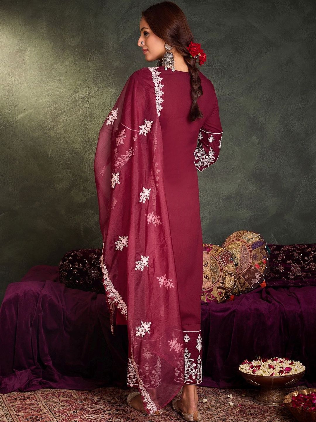 Women Ethnic Motifs Embroidered Regular Thread Work Kurta with Trousers & With Dupatta