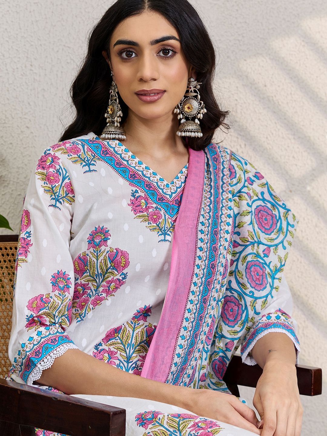 Women Floral Printed Regular Pure Cotton Kurta with Trousers & With Dupatta