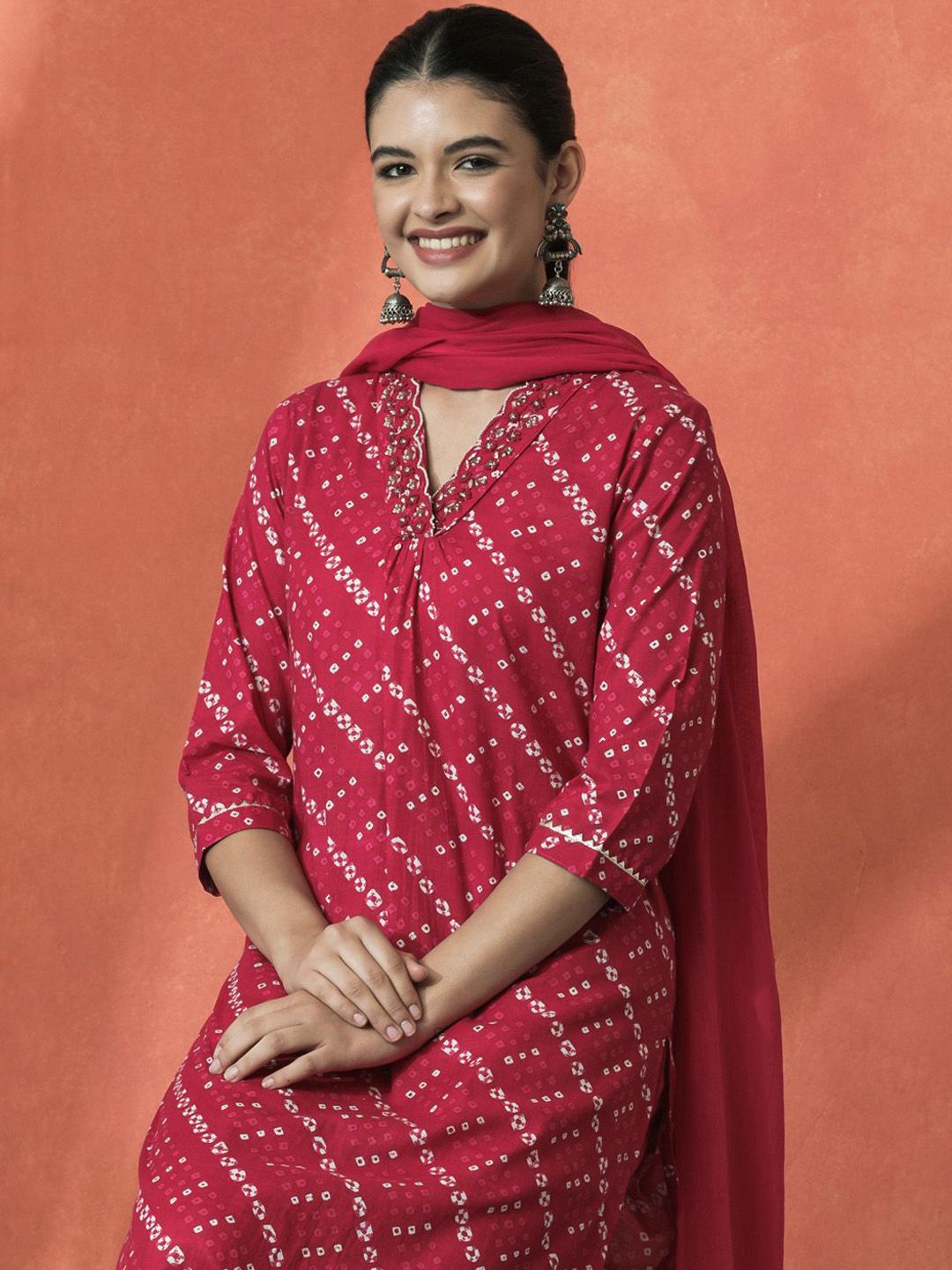 Dhiyona SN Women's Bandhani Printed V-Neck Pleated Pure Cotton Straight Kurta With Trouser & Dupatta