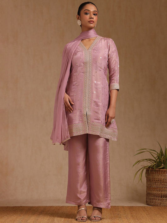 Dhiyona SO Women's Floral Printed V-Neck Sequinned Tissue Straight Kurta With Palazzos & Dupatta