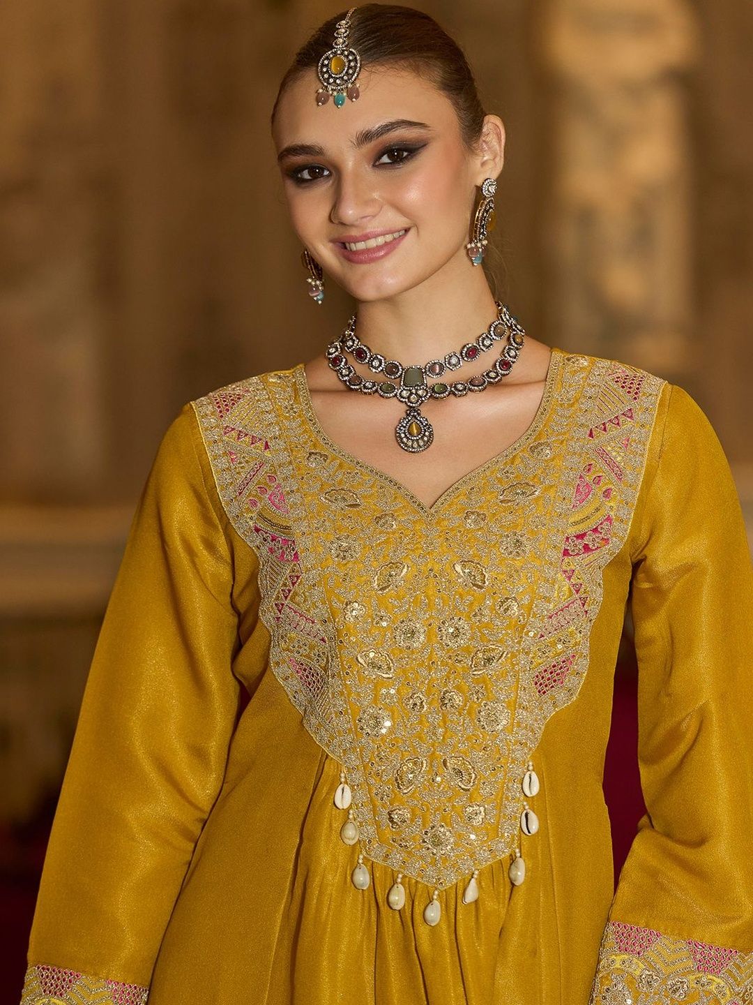 Ethnic Motifs Embroidered A-Line Bandhani Zari Kurta With Trousers & Dupatta