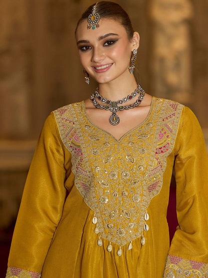 Ethnic Motifs Embroidered A-Line Bandhani Zari Kurta With Trousers & Dupatta