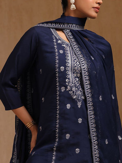 Dhiyona SO Women's Floral Embroidered Round Neck Sequinned Straight Kurta With Trousers & Dupatta