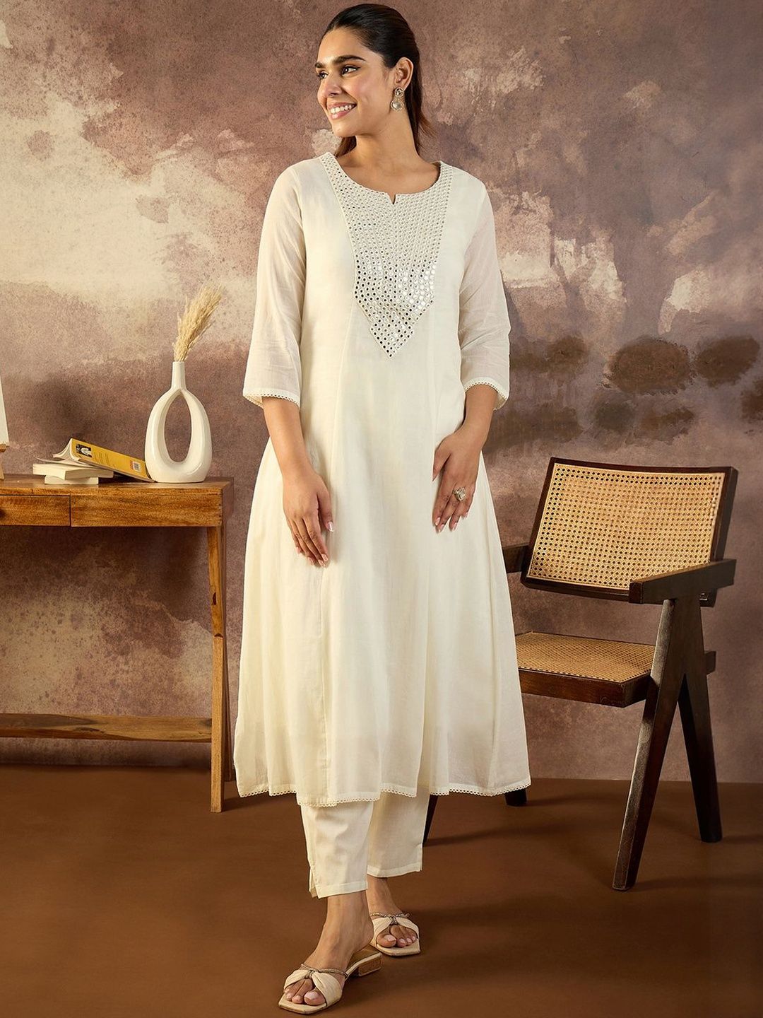 Women Solid Cotton A-Line Kurta with Trousers & Dupatta