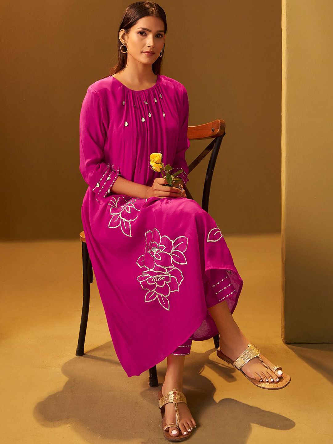 Floral Printed A-Line Mirror Work Kurta With Trouser