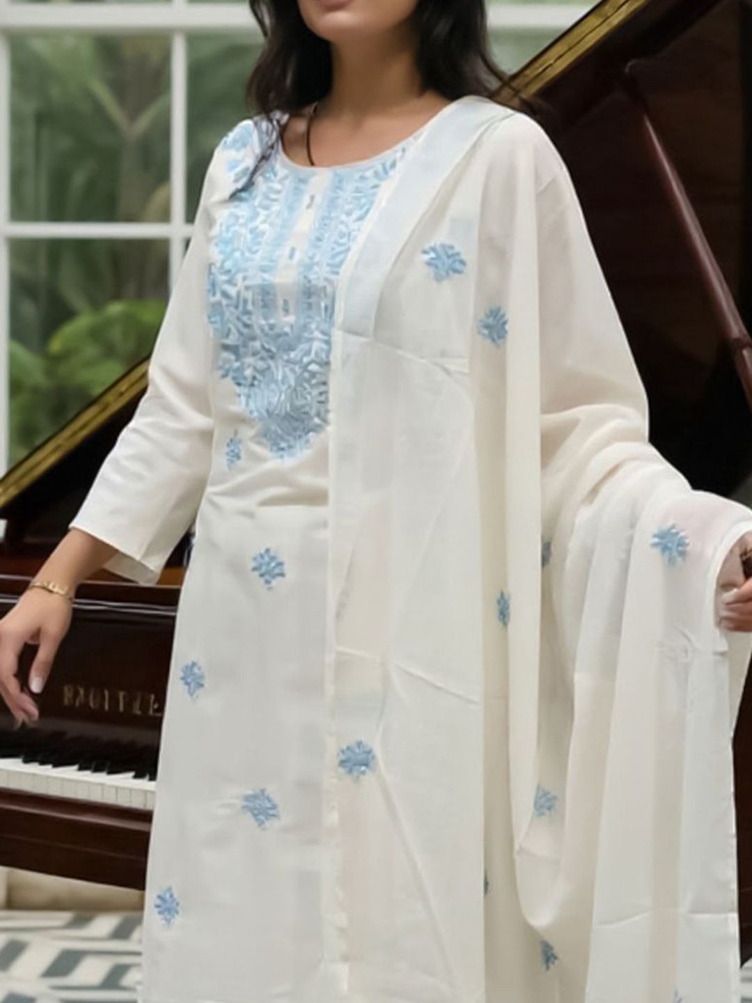 Ethnic Motifs Embroidered Thread Work Pure Cotton Kurta With Trousers & Dupatta