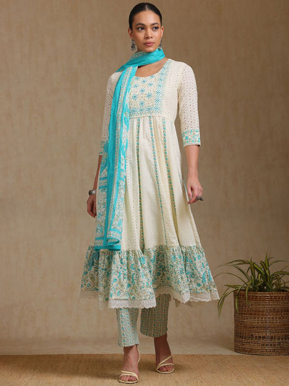 Dhiyona SO Women's Floral Self Design Panelled Thread Work A-Line Kurta With Trousers & Dupatta