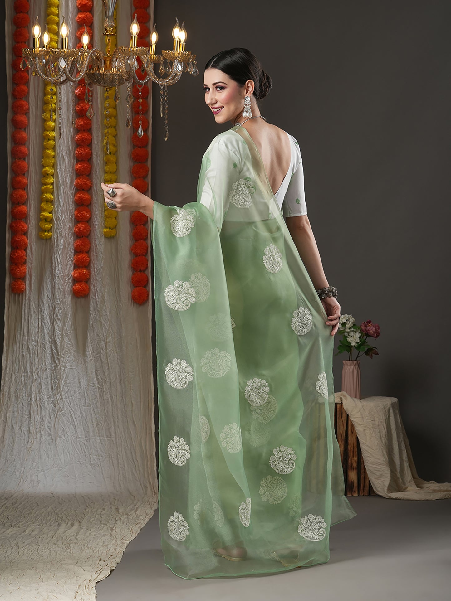 Women's Organza Olive Embroidered Designer Saree With Blouse Piece