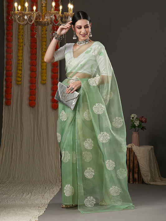 Women's Organza Olive Embroidered Designer Saree With Blouse Piece