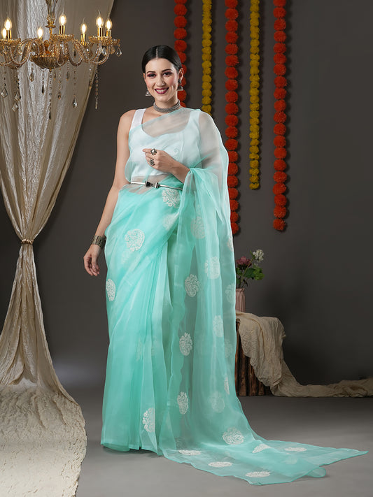 Women's Organza Turquoise Embroidered Designer Saree With Blouse Piece