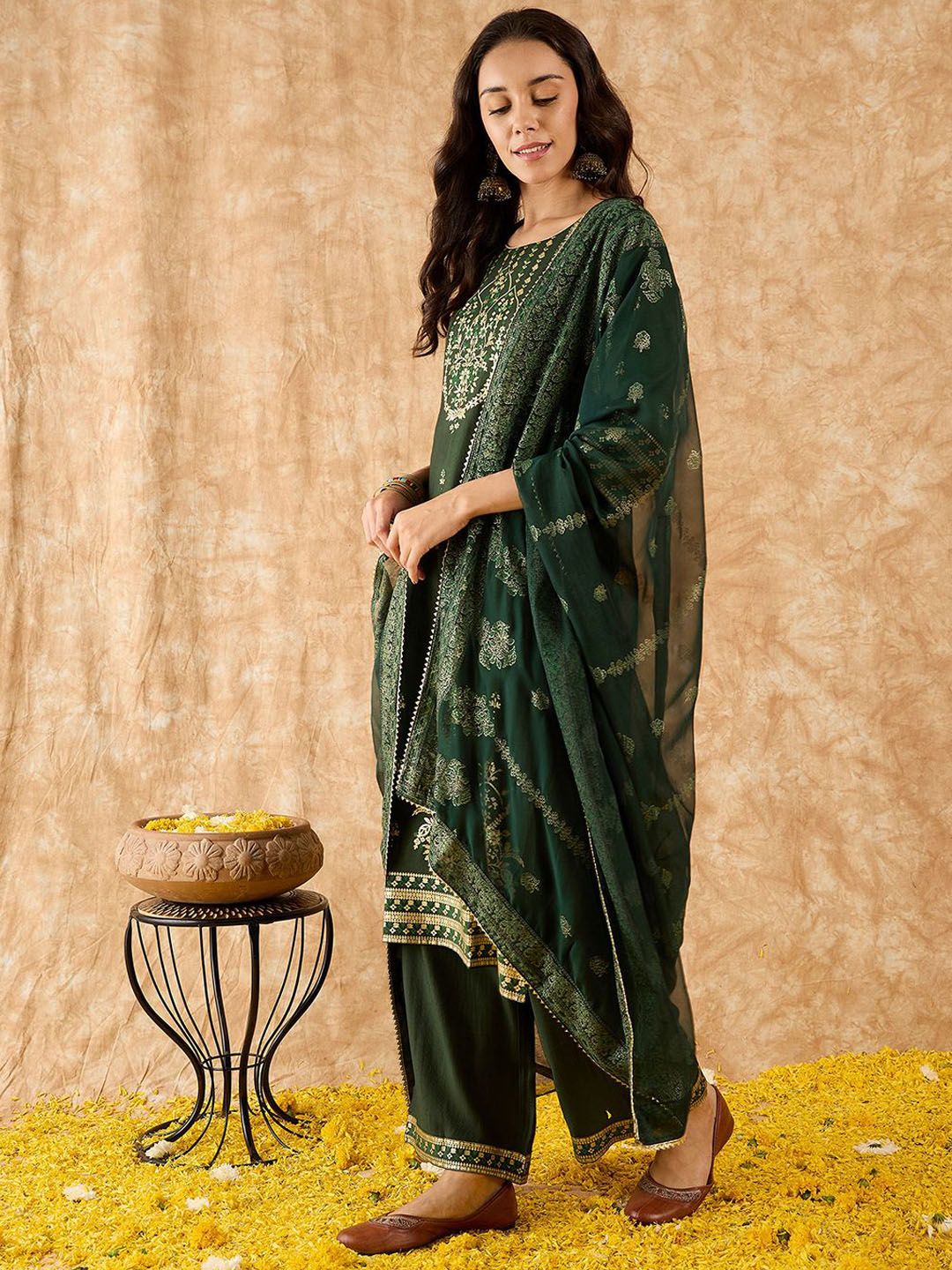 Ethnic Motifs Printed Straight Liva Kurta with Palazzos & Dupatta