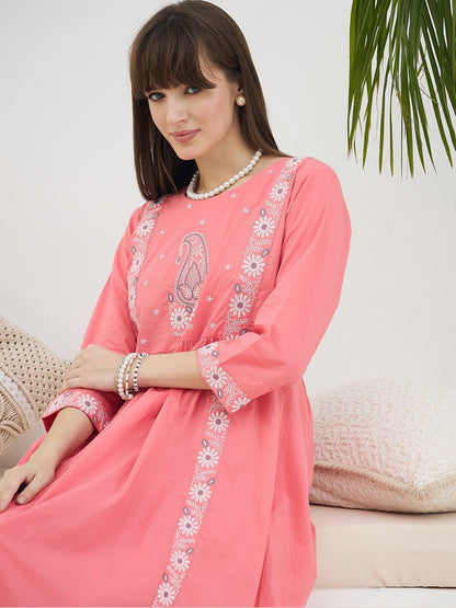 Dhiyona IE Floral Embroidered Pure Cotton Round Neck Tunic With Trousers
