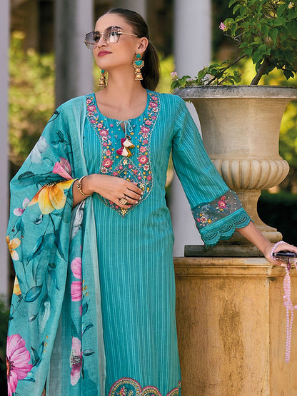 Floral Embroidered Regular Thread Work Pure Cotton Kurta with Trousers & Dupatta