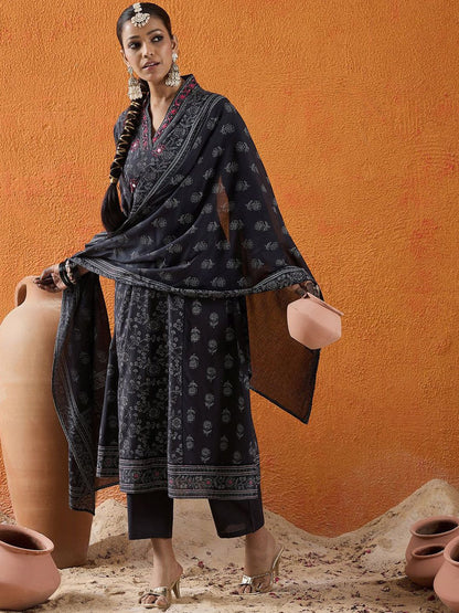 Dhiyona IE Floral Printed Mirror Work Pure Cotton A-Line Kurta With Trousers & Dupatta