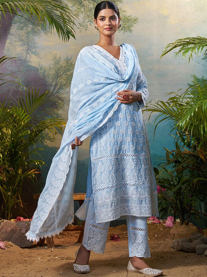 Women Ethnic Motifs Embroidered Regular Chikankari Pure Cotton Kurta with Trousers & With Dupatta