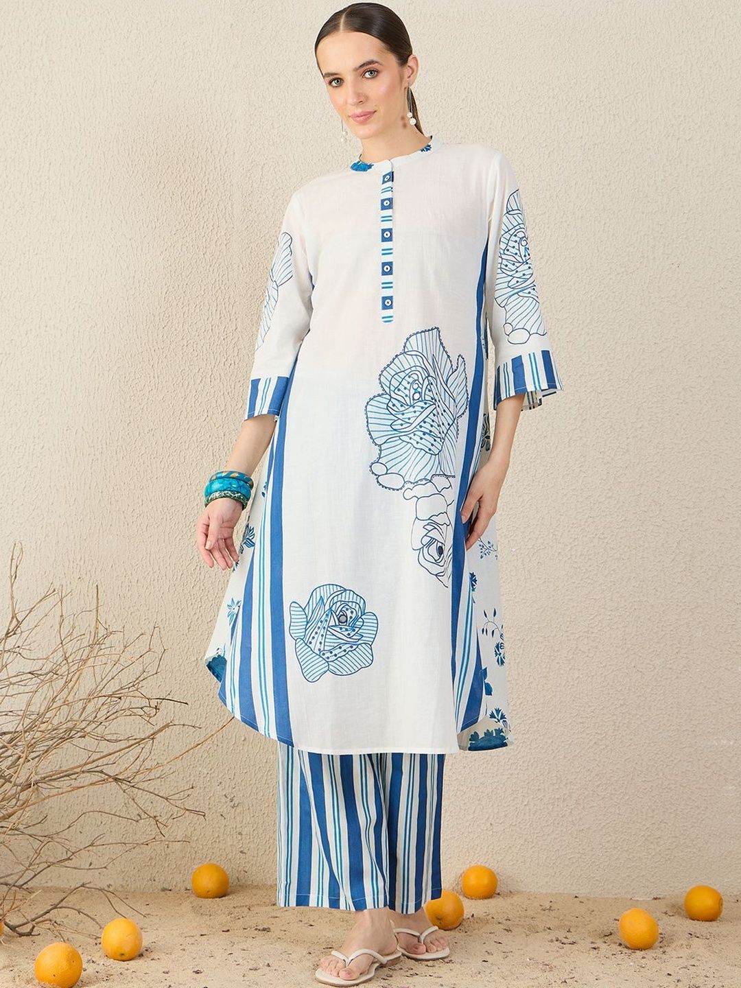 Floral Printed Pure Cotton Kurta With Trouser & Dupatta