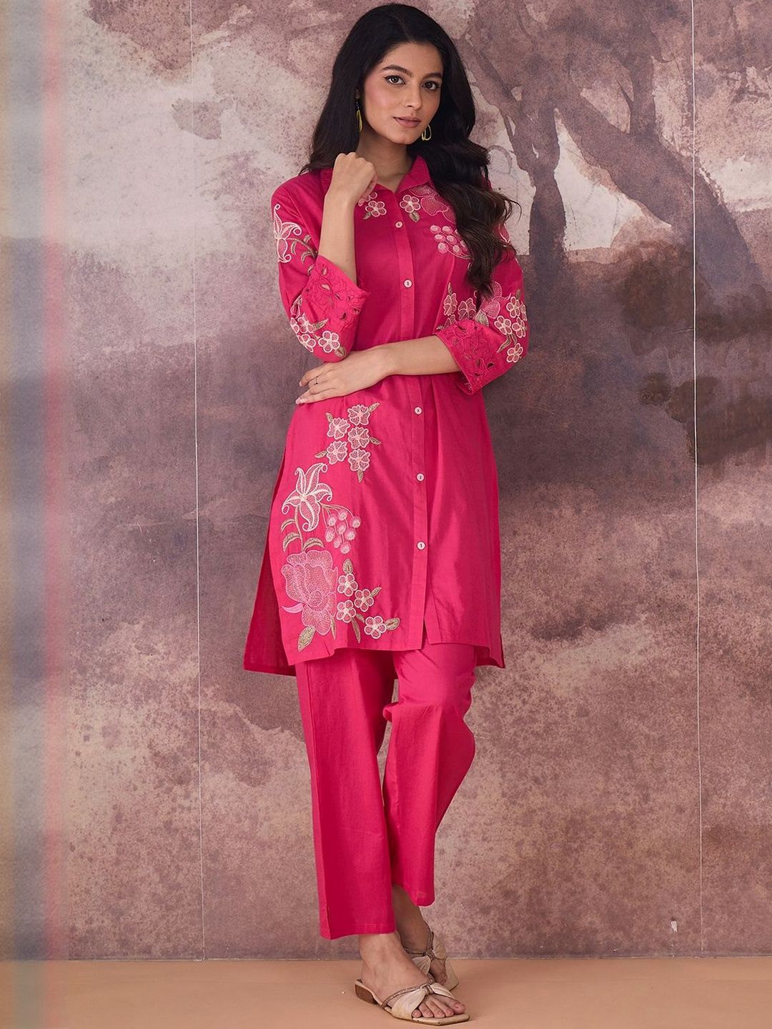 Floral Embroidered Thread Work Pure Cotton Kurta With Trouser