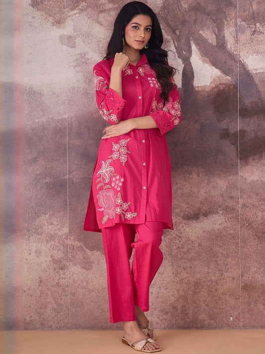 Floral Embroidered Thread Work Pure Cotton Kurta With Trouser