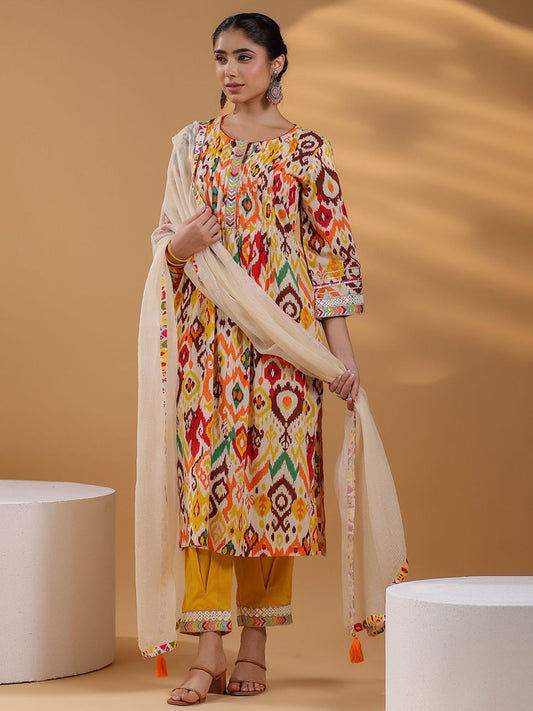 Dhiyona RR Women's Ethnic Motifs Printed Pure Cotton Straigt Kurta With Trousers & Dupatta